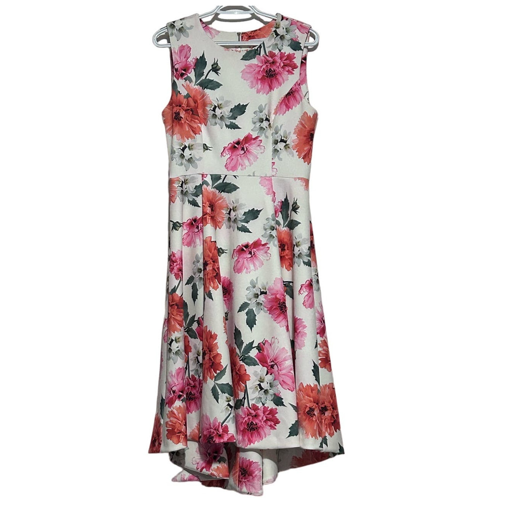 Calvin Klein Women's White Floral Sleeveless Scuba Hi Low Midi Dress Size 8